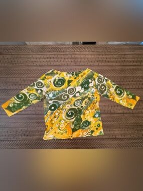 IOS Swirl Tye-Dye Embellished Green, Yellow and White Whimsy Top